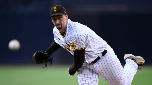 San Diego Padres starting pitcher Blake Snell throws a pitch against the SF Giants during the first inning at Petco Park on September 2, 2023.